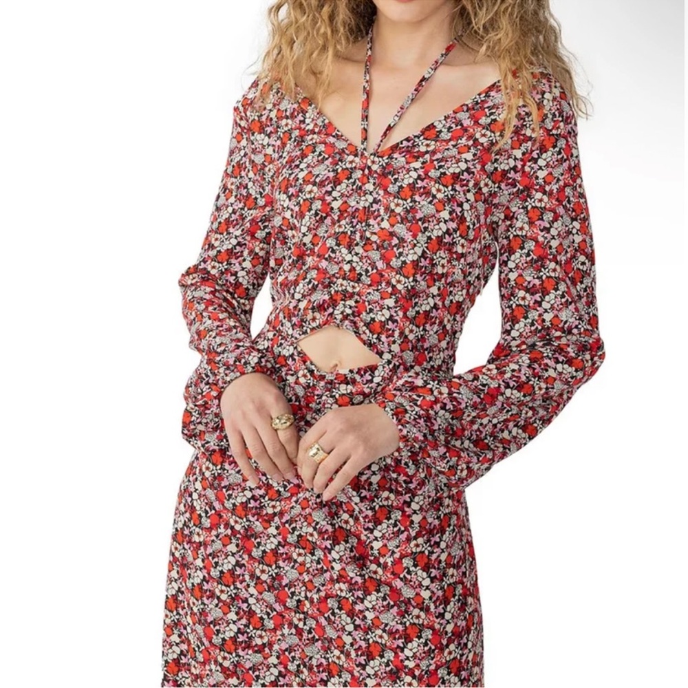 NWT Sanctuary Floral Chiffon Halter Neck Long Sleeve Front Cut-Out Dress Size 8 - Picture 2 of 15